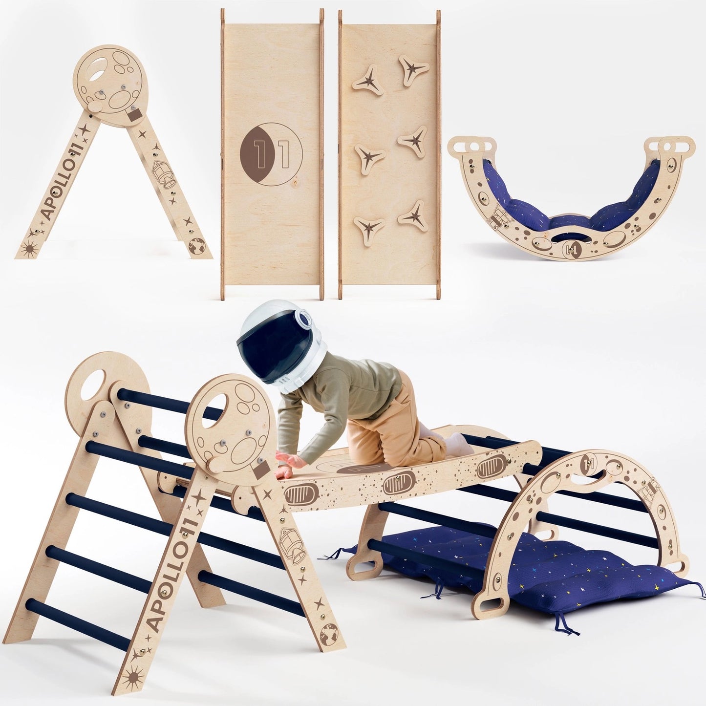 Wooden 4in1 Climbing Set: Pikler Triangle, Arch, Slide Board, and Cushion For Little Toddlers Astronauts