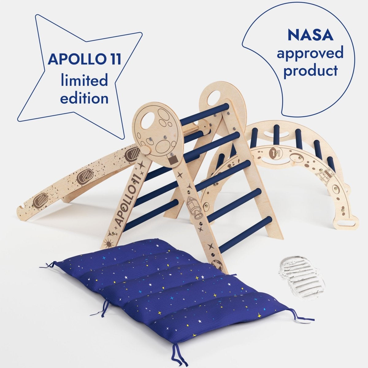 Wooden 4in1 Climbing Set: Pikler Triangle, Arch, Slide Board, and Cushion For Little Toddlers Astronauts