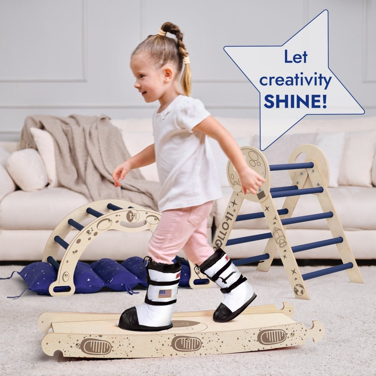 Wooden 4in1 Climbing Set: Pikler Triangle, Arch, Slide Board, and Cushion For Little Toddlers Astronauts