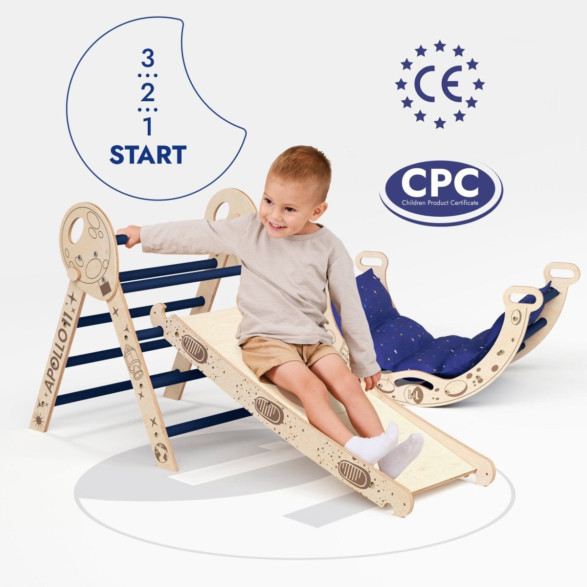 Wooden 4in1 Climbing Set: Pikler Triangle, Arch, Slide Board, and Cushion For Little Toddlers Astronauts