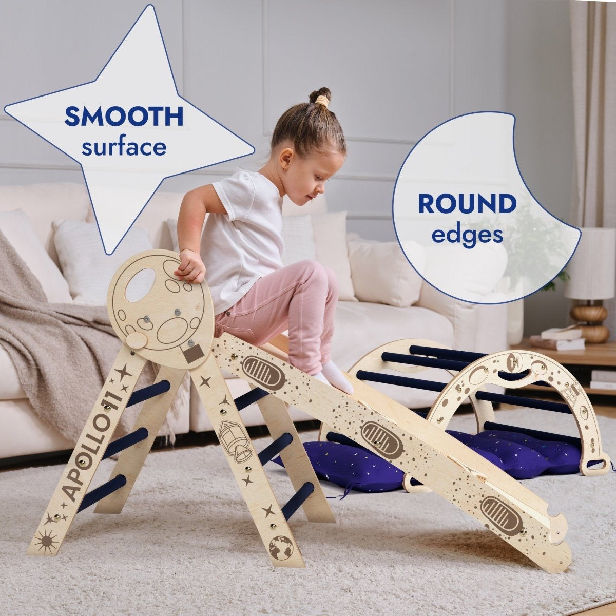 Wooden 4in1 Climbing Set: Pikler Triangle, Arch, Slide Board, and Cushion For Little Toddlers Astronauts