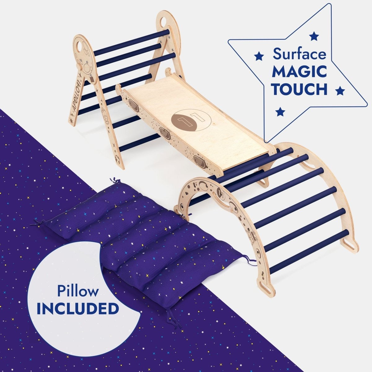 Wooden 4in1 Climbing Set: Pikler Triangle, Arch, Slide Board, and Cushion For Little Toddlers Astronauts