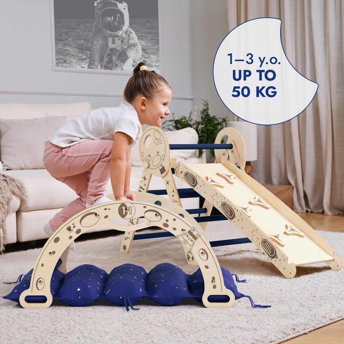 Wooden 4in1 Climbing Set: Pikler Triangle, Arch, Slide Board, and Cushion For Little Toddlers Astronauts